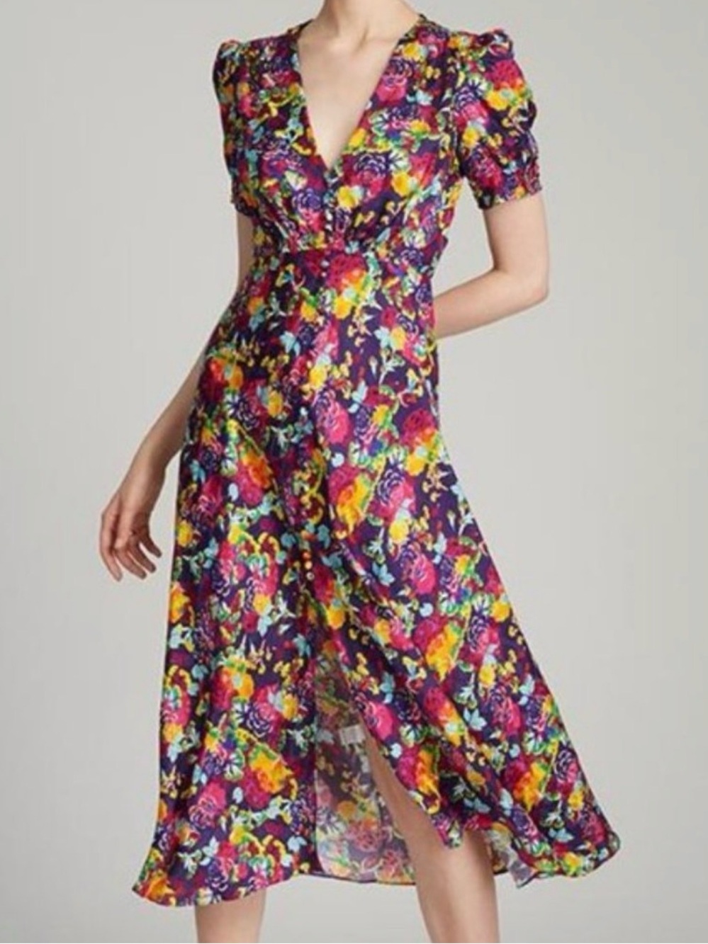 SALONI Lea Silk Jacquard Midi Dress Camellia Print Purple Floral V Neck Sze 6